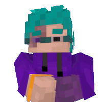 a minecraft character with blue hair and glasses is wearing a purple hoodie .