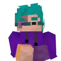 a minecraft character with blue hair and glasses is wearing a purple hoodie .