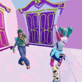 a girl in a green sweater is standing next to a girl with green hair