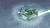a green and white spinning top with a green light coming out of it