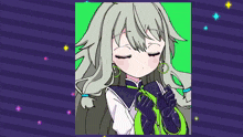 a drawing of a girl with her eyes closed and a green background