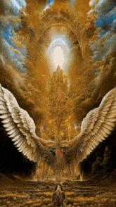 a painting of two angels with their wings outstretched and a tree in the background