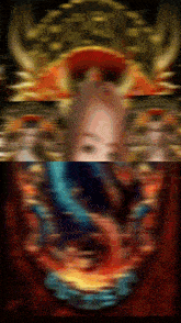a blurry picture of a woman 's face and a dragon 's head