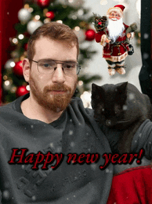 a happy new year card with a man and a black cat