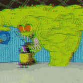 a cartoon of spongebob squarepants standing in front of a large green monster