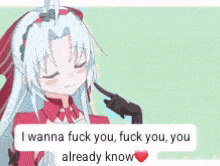 a girl with white hair and a red dress says i wanna fuck you