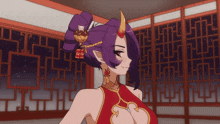 a girl with purple hair and horns is wearing a red top