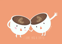 two cups of coffee holding hands with the words i love you a latte on the bottom