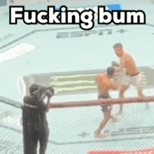 two men are fighting in a boxing ring with the words `` fucking bum '' written above them .