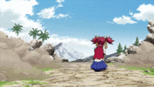 a girl with red hair and a blue skirt stands on a dirt path