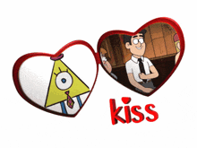 two hearts with a man in a white shirt and tie and the word kiss on the bottom