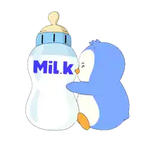 a penguin is hugging a bottle of milk with the word milk on it