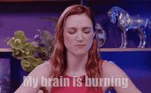 a woman says her brain is burning in front of a blue horse