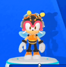shadow the hedgehog is wearing a bee costume and standing on a platform .