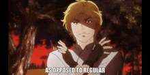 a cartoon character says as opposed to regular in front of a forest .