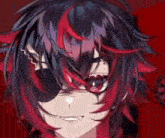 a close up of a person 's face with red and purple hair