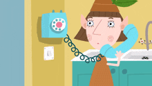 a cartoon illustration of a woman talking on a telephone