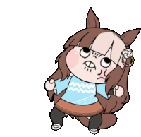 a cartoon drawing of a girl with brown hair and a blue shirt