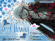 a good morning greeting card with a boy and butterflies