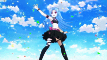 a girl with blue hair is standing in front of a blue sky with clouds