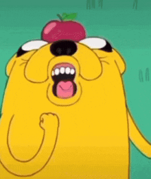 a yellow cartoon dog with a red apple on its head