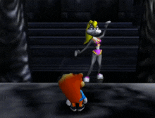 a cartoon character in a bikini stands next to a cartoon character with a shield