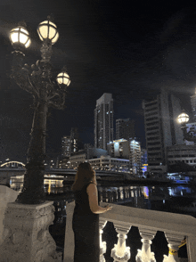 a woman in a black dress stands on a bridge overlooking a city