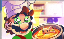 a cartoon of mario holding a pot of soup with a dead cat in it
