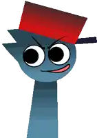 a blue cartoon character with a red hat on