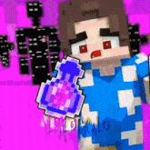 a minecraft character is holding a blue and purple potion .