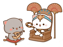 a cartoon of a cat playing a guitar next to a cat sitting in a chair