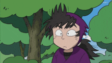 a cartoon character with a purple shirt and black hair stands in front of trees