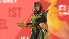 a woman in a superhero costume is standing in front of a red background that says ist