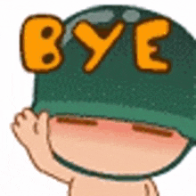 a cartoon boy wearing a green helmet with the words `` bye '' written on it .
