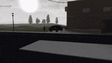 a car is driving down a street with trees in the background