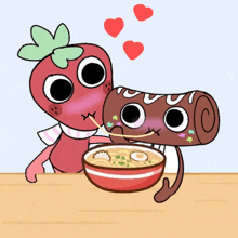 a cartoon of a strawberry and a roll eating ramen together
