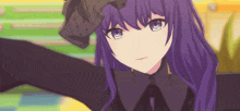 a girl with purple hair and blue eyes is wearing a hat