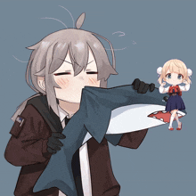 a drawing of a girl holding a shark and a little girl standing next to her