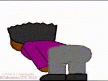 a cartoon drawing of a man with a purple shirt and gray pants