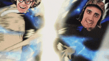 a man with glasses and a hat is smiling while another man with a hat is smiling