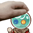 a pixel art of a person petting a cartoon character with a fish bowl on his head .