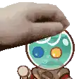 a pixel art of a person petting a cartoon character with a fish bowl on his head .