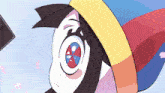 a close up of a cartoon character with a rainbow hat on