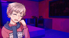 a cartoon of a boy with a scarf around his neck and a sweater that says xxx on it