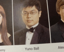 a picture of a man in a tuxedo with the name yuno ball at the bottom