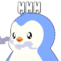 a blue penguin with the word hmm above it