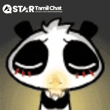 a cartoon of a panda with a star tamil chat logo behind it