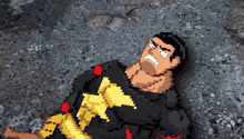 a pixel art of black adam laying on the ground with his eyes closed