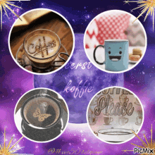 a collage of four pictures of cups of coffee with a purple background that says please