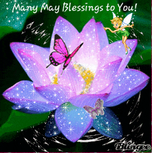 a purple flower with the words many may blessings to you written on it